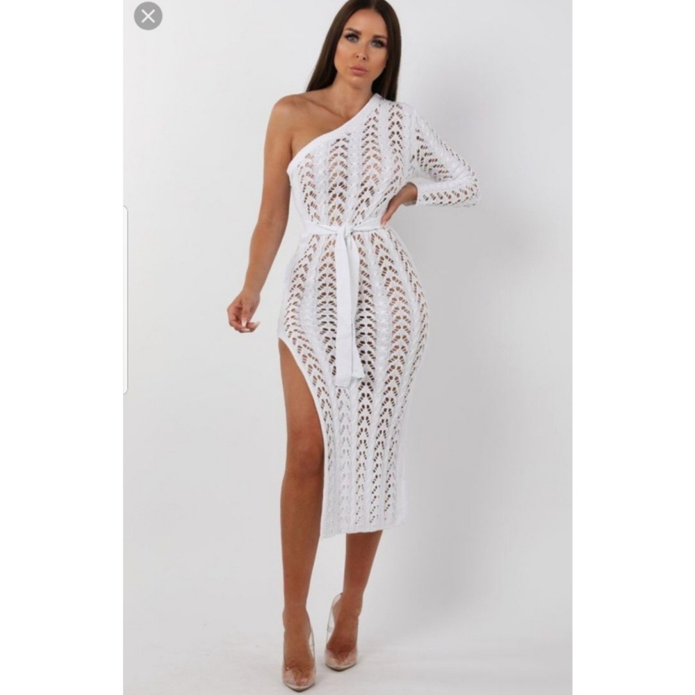 Femme luxe crochet midi  white one shoulder dress